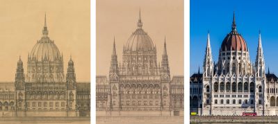 Az Országház Duna felőli homlokzatának középrésze a pályázati terven (1883), a módosított terven (1884) és napjainkban